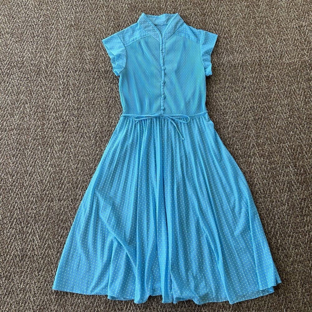 Vintage Blue Polka Dot Dress Woman’s Small Prairie Dress Sheer Country READ